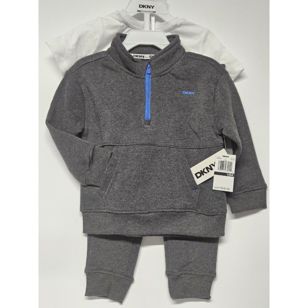 DKNY 18M, Set Of 3, Grey Pull Over Jacket/Grey Pants/ Crew Neck Logo T Shirt